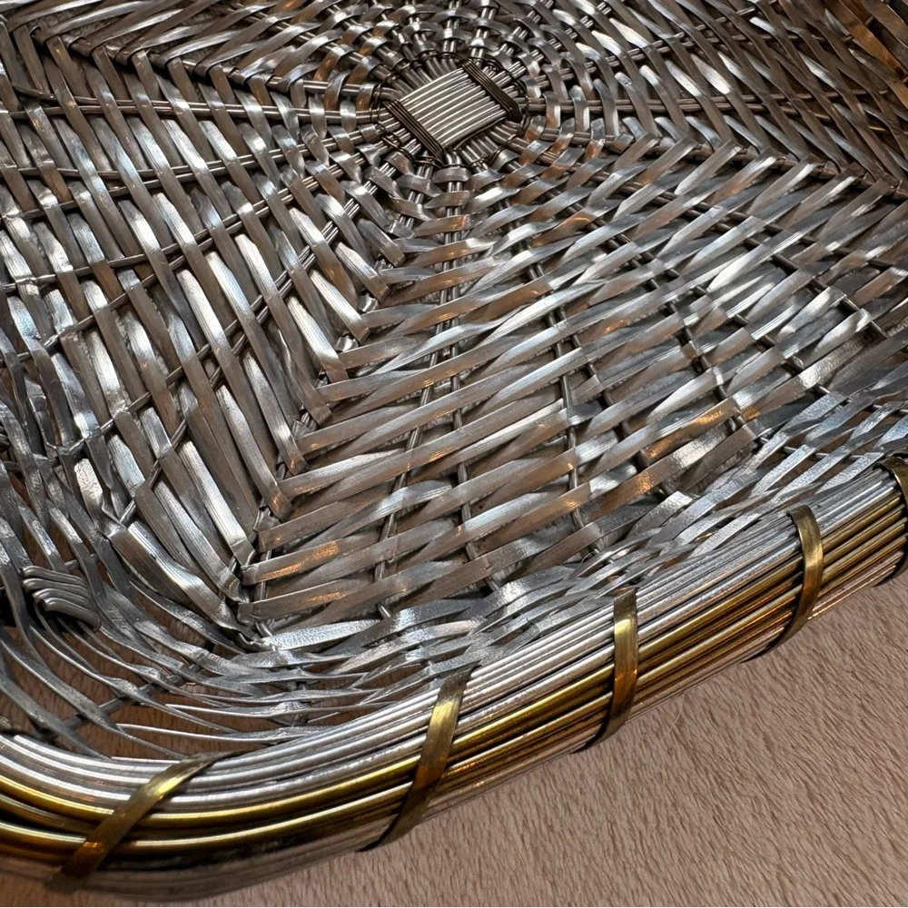 Woven Metal Square Serving Basket with Handles - Silver and Brass NWT